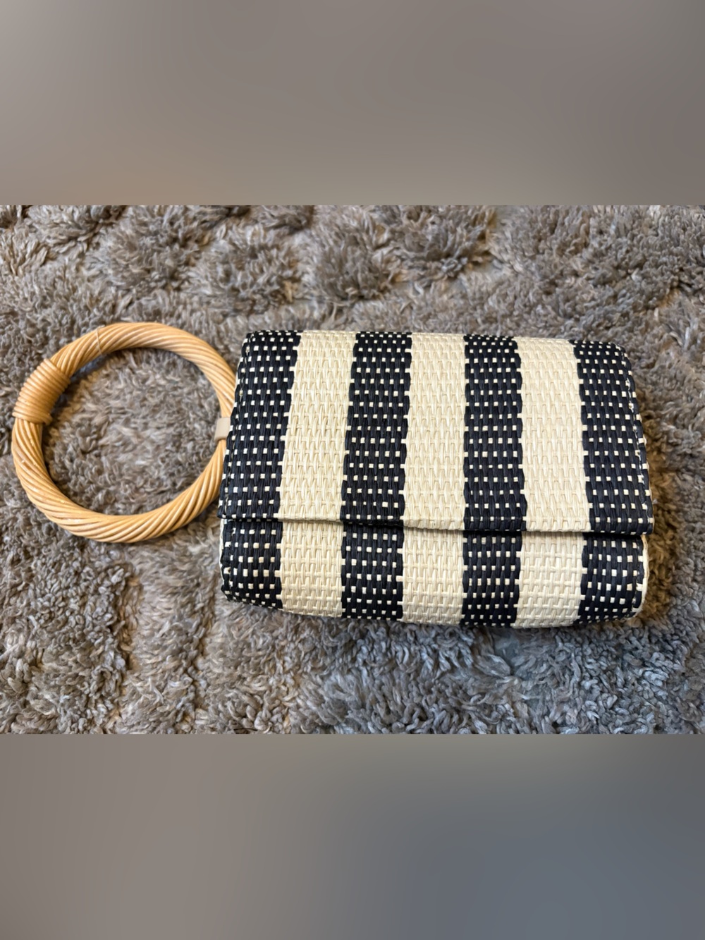 a new day Black & Cream Striped Woven Clutch with Circular Handle
